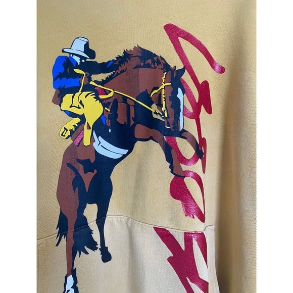 Bossi Cowboy Hoodie Mustard Western Print Oversized Mens XL Yellow Unisex Loose - Picture 8 of 14